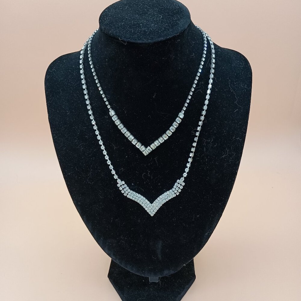 Pair of Vintage Rhinestone Necklaces White V Chevron 15"/20" Unsigned Estate